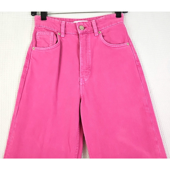 Zara Jeans ~Womens 2~ Pink Wide Leg High Rise Denim Raw Edge Hem Bright Barbie. - Picture 8 of 14